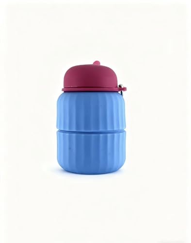 Collapsible Silicone Water Bottle 650ml - Dumbbell Shaped Leakproof Portable with Straw & Cap for Hiking Gym Travel (Blue/Gray)
