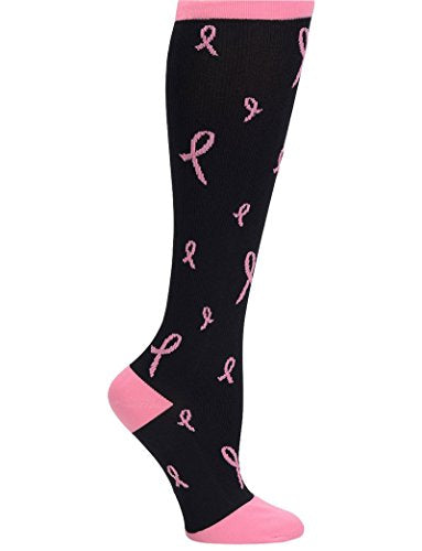 Nurse Mates Women's Wide Calf Socks | 12-14 mmHg Compression | Up to 22" Calf | One Size | 1 Pair - color: Pink Ribbon/Black, size: One Size