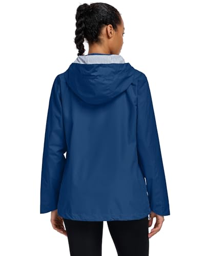 Women Waterproof Hooded Rain Jacket Lightweight Packable Trench Raincoat - color: Dark Blue, size: Small
