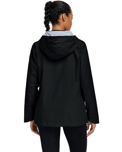 Women Waterproof Hooded Rain Jacket Lightweight Packable Trench Raincoat - color: Black, size: XX-Large