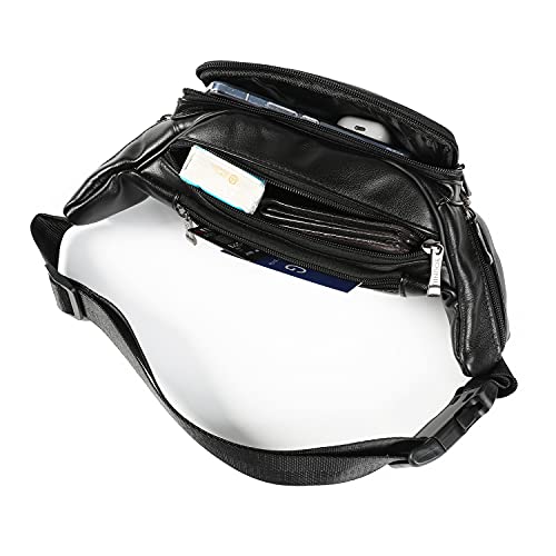 Black Leather Fanny Pack for Men & Women, Fashionable Multi-Pockets Waist Belt Bag for Travel Sports Hiking Cycling Fishing Running - color: 809#black