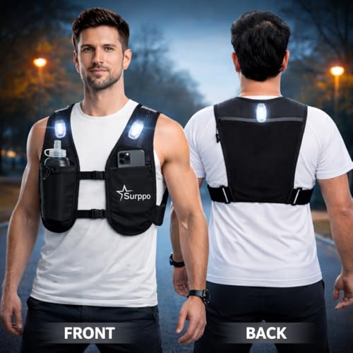 Running Vest for Women and Men, Adjustable Running Vest with Phone Holder, Hydration Vest with 500ml Soft Flask and 3 LED Lights, Reflective Running Backpack for Hiking, Cycling and Running