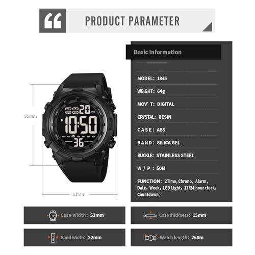 XCZAP Men's Black Digital Sports Watch, Large Face Military Tactical Watch, 5ATM Water Resistant, LED Backlight, Alarm, Stopwatch,Dual Time - color: ALL Black