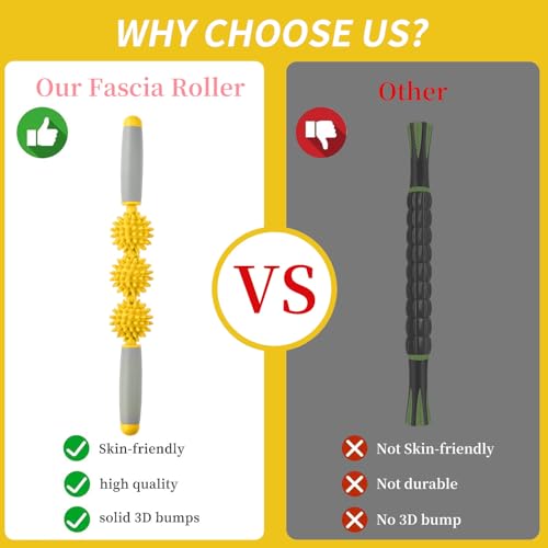 Fascia Muscle Roller, Cellulite Massager Fascia Roller for Cellulite and Sore Muscles, Neck, Leg, Back, Pressure Trigger Point Body Roller Deep Tissue Massage Stick Tools - 3 Massage Balls - color: Golden Yellow