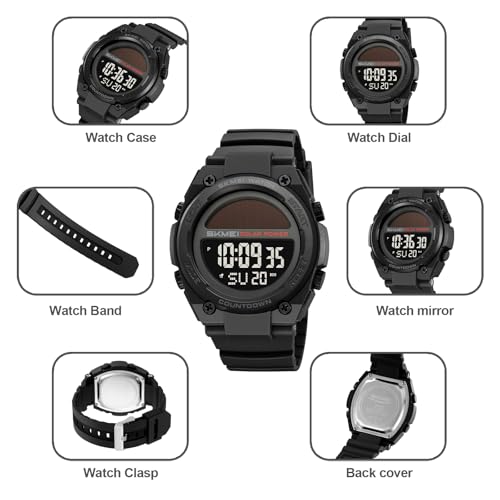 FANMIS Men's Solar Digital Sports Watch 50M Water Resistant Military Watch - color: Black Black