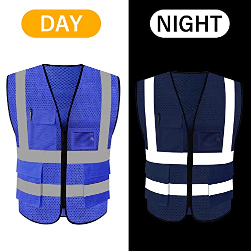 HYCOPROT High Visibility Mesh Safety Reflective Vest with Pockets and Zipper, Meets ANSI/ISEA Standards - color: Blue, size: Medium