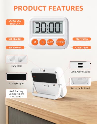 Digital Kitchen Timer, Magnetic Countdown Timer with Large LCD Display