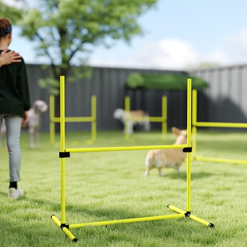 PawHut 4 Piece Dog Agility Training Equipment for Dog Agility Course with Adjustable Height Jump Bars, Included Carry Bag, & Displacing Top Bar, Yellow - color: Yellow, size: 4 Piece