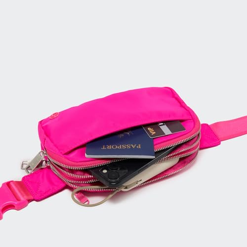 Pander Nylon Fanny Pack Belt Bag for Women with 5 Zipper Pockets - color: Sonic Pink