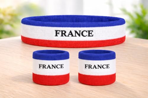 Suddora Country Headband & Wristbands Set (Includes 2 Wrist & 1 Head Sweatband), Highly Moisture Wicking - color: France