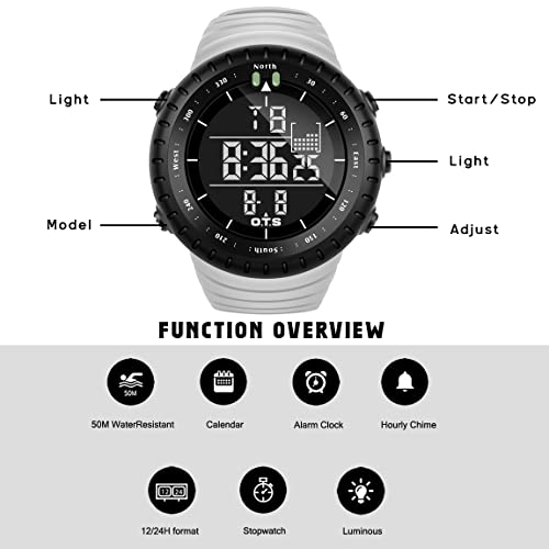 PALADA Men's Digital Sports Watch Waterproof Tactical Watch with LED Backlight Watches for Men - color: Grey White