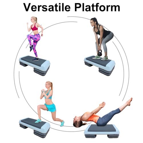 Adjustable Workout Aerobic Stepper in Fitness & Exercise Step Platform Trainer Gray Black with 2 Risers