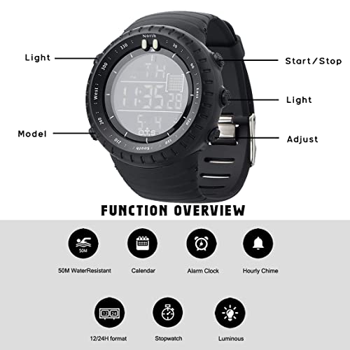 PALADA Men's Digital Sports Watch Waterproof Tactical Watch with LED Backlight Watches for Men - color: Black