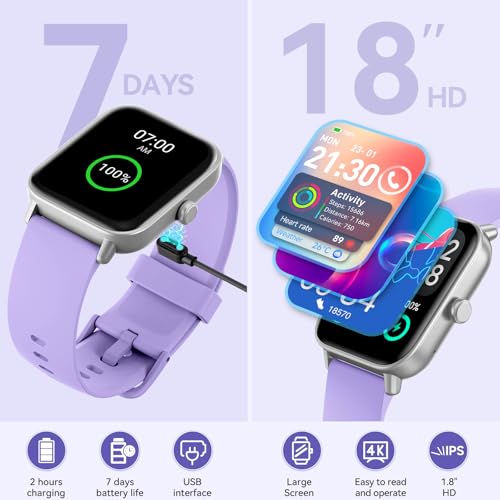 Smart Watches for Women Android & iPhone, 1.8" Smartwatch with Bluetooth Call (Answer/Make), Fitness Tracker with Heart Rate/Sleep/SpO2 Monitor, Smart Watch 3ATM Waterproof, 120+ Sport Modes, Alexa - color: Purple