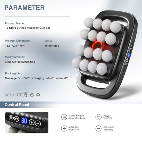 16 Head Massage Gun Deep Tissue, Multi-Head Percussion Massager with 30 Speeds & 3 Modes, Red Light Therapy, Muscle Massager for Back, Legs, Waist, Buttocks, Quiet Powerful Body Massager, Gray