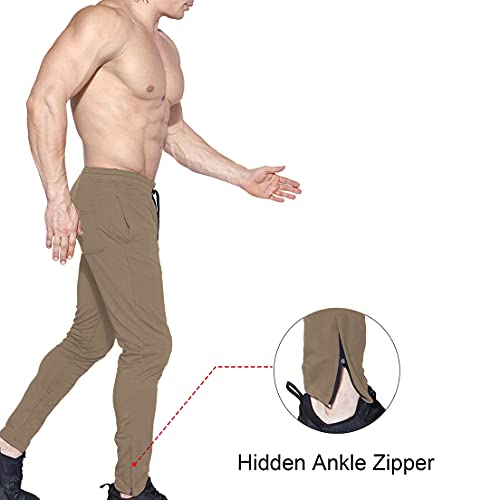 BROKIG Men's Zip Joggers Casual Gym Workout Track Pants - color: 2 Pack Beige+black, size: Medium