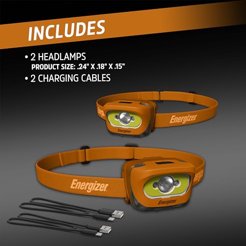 Energizer LED Rechargeable Headlamp (2-Pack), Orange, LED Headlamps with Red Light Option, USB Charging Cables Included - color: Orange