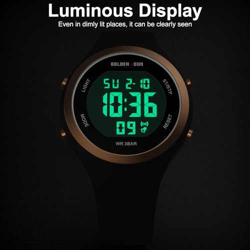 GOLDEN HOUR Waterproof Sport Women's Digital Chronograph Silicone Strap Watch - color: Black