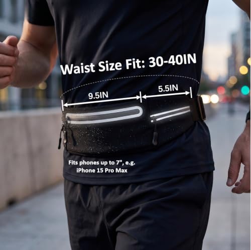 Running Belt for Women Men, Slim No-Bounce Waist Pack, Water Resistant Reflective Phone Holder Fits Phones up to 7.5 inch, Adjustable Fanny Pack for Running Jogging Hiking(Black) - color: Black