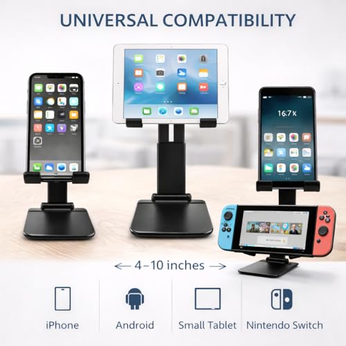 Mizi Portable Cell Phone Stand for Desk - Height & Angle Adjustable Mobile Foldable Holder, Compatible with iPhone 17 16 15 14 13 12 11 Pro Max, Galaxy S25 S24, All 4–10" Devices - Black - size: L311