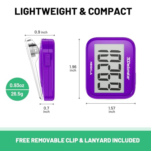 NESKLA 3D Pedometer, Simple Step Counter with Large LCD Display for Walking - color: Purple