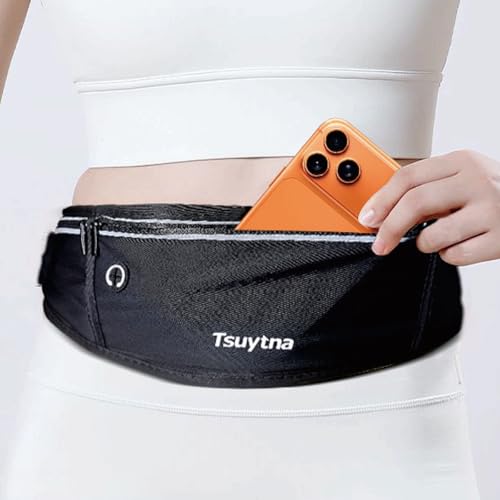 Running Belt for Women & Men - Slim Phone running belt with Water-Resistant Phone Holder, 3 pockets Adjustable Waist Strap, Reflective Safety Design for Running, Hiking, Travel,Fitness(Black) - color: Black