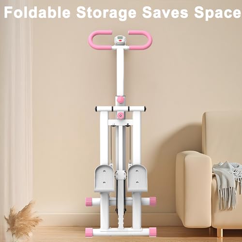 Upgraded Vertical Climber Stair Stepper with Resistance Bands, Full Body Home Workout Machine, Adjustable Handlebar & Digital Monitor - color: White&Pink