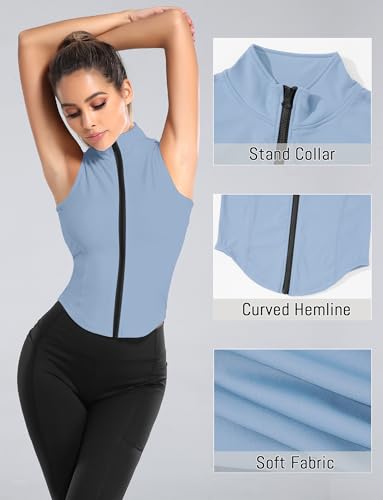 FEOYA Women Sleeveless Athletic Tank Top Shirts Full Zip Up Tshirt for Yoga Running Fitness Exercise - color: Upgrated Blue, size: Small