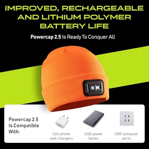 POWERCAP LED Hat Light 150 Lumens Rechargeable Fleece Beanie with Bright Built-in Headlamp Waterproof LED Warm One Size Cap - color: Knit Olive Green 4-pack