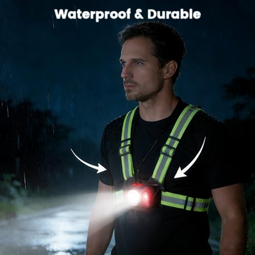 Running Lights for Runners, Waterproof Reflective Vest for Women, Reflective Running Vest with Rear Light, Adjustable 65° Beam & 6 Modes Running Light for Night Walking/Cycling/Jogging/Hiking