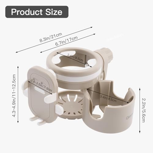 Gromast Universal Stroller Cup Holder with Phone Holder, 3-in-1 Detachable Drink Holder 360° Rotatable, Adjustable Cup Holder for Baby Stroller, Tricycle - Khaki - color: Khaki-4-in-1