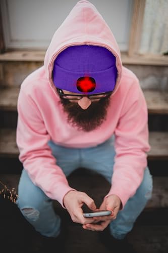 ATNKE LED Lighted Beanie Hat,USB Rechargeable 8 LED Red Glow Flashing Alarm Running Headlamp Cap Gifts for Men and Women - color: #Purple
