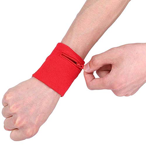 Zipper Wrist Pouch, Cotton Running Armband with Secure Pocket for Keys Cash Phone Fitness Tracker for Jogging Workout Sports (Red)