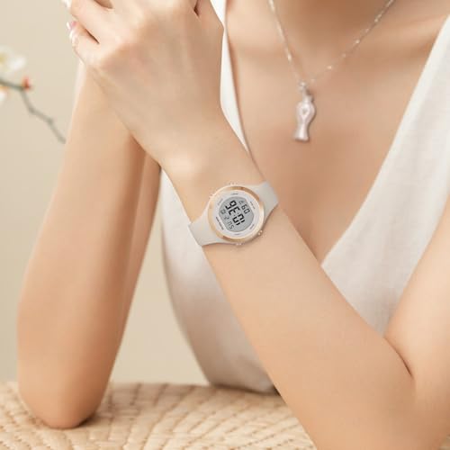 GOLDEN HOUR Waterproof Sport Women's Digital Chronograph Silicone Strap Watch - color: Rose Gold/Starlight/Milk White