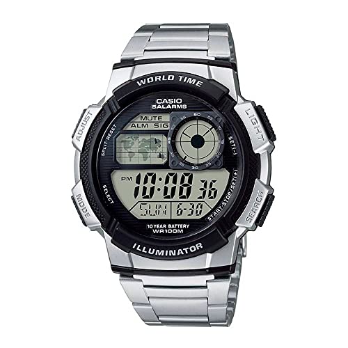 Casio AE1000W Series | Men’s Digital Watch | 100M WR | Multi Alarms | 100 SEC Stopwatch | Countdown Timer | World Map for World Time | LED Light | LC Analog Display | 10 Year Battery - color: Silver, style: AE-1000WD-1AV