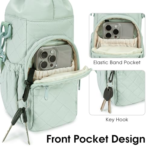 sportsnew 40oz Insulated Crossbody Water Bottle Bag Gym Hiking Phone Pocket - color: Quilt Green