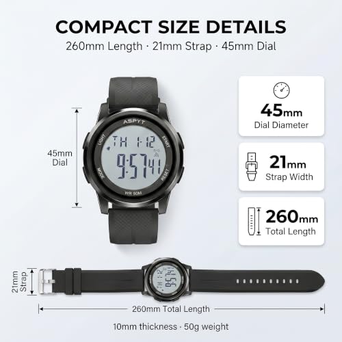 Men Digital Watch, Thin Running Sports Waterproof Outdoor LED Screen Large Face Black Wrist Watches with Back Light Alarm Date Stopwatch for Men Women Kids Boys