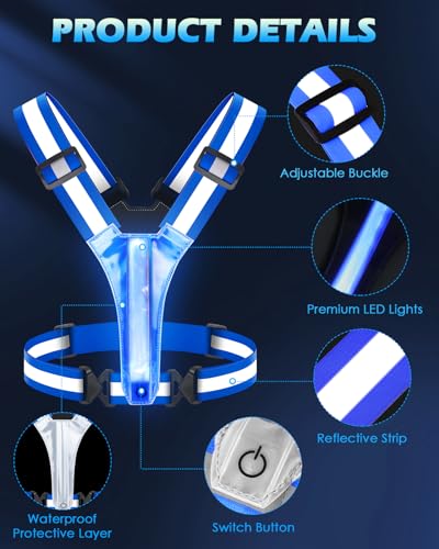 Zacro LED Reflective Vest Running Gear, 5 Lights Colors High Visibility Reflective Running Gear Rechargeable Light Up Running Vest for Walking Running Cycling, Adjustable for Men Women Kids - color: Blue