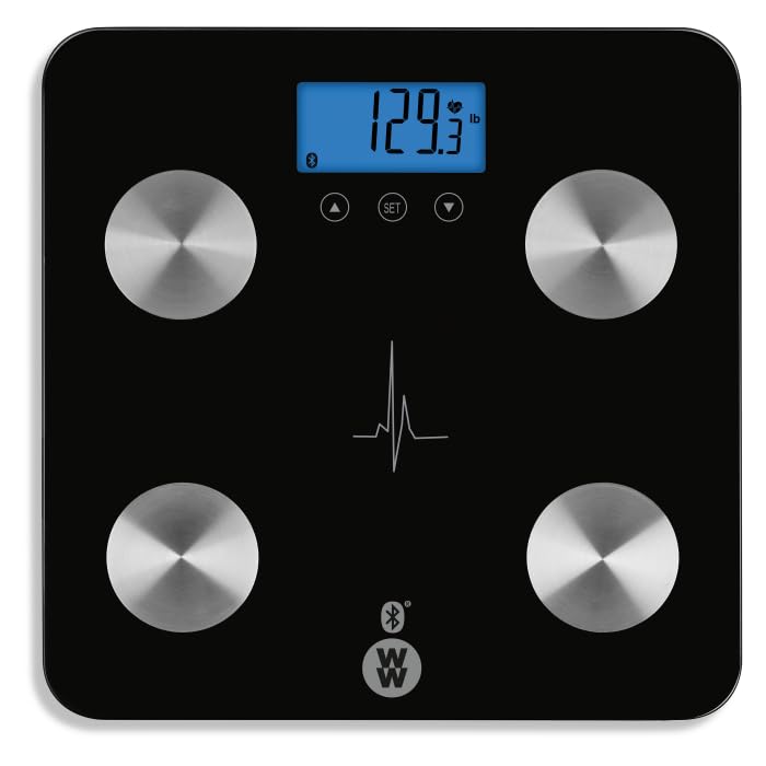 Weight Watchers Scale Total Body Measurements Fat Water Muscle Bone BMI Mass Conair App Bluetooth Heart Rate Scale Black, WW934ZF