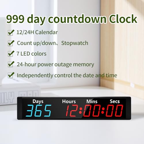 LUCKY TIME Digital 999 Days Countdown Count Up Timer Clock with RGB Color
