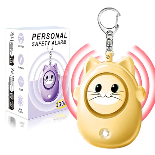 Personal Safety Alarm Keychain, 130dB Loud Siren with LED Light, Cute Cat Design Security Device for Women, Children, Elderly - color: Yellow