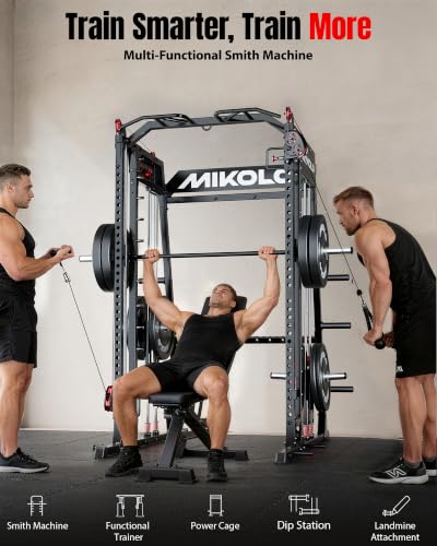 Mikolo M4 2.0 Smith Machine, 2200lbs Squat Rack with LAT-Pull Down System & Cable Crossover Machine, Training Equipment with Leg Hold-Down Attachment - color: Black, size: M4 2.0 Ultra Package (with Black BP230lbs)