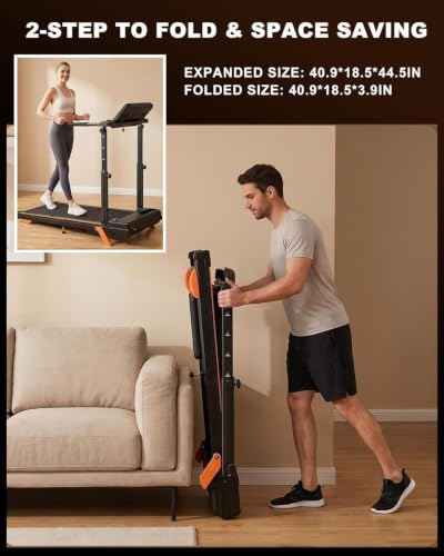 12% Incline Multifunctional Walking Pad with Height-Adjustable Handle Bar and Built-in Removable Desk, 8.0MPH/3.5HP Small Treadmill, 350LBS Weight Capacity Compact Treadmills (Black Orange)