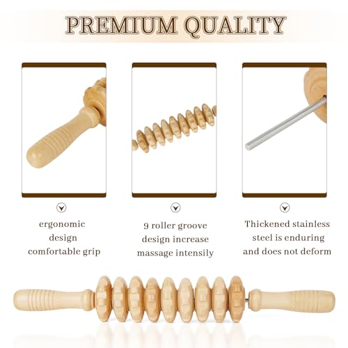 Liitrton Manual Wooden Massage Roller Stick for Muscle Relief, 9‑Wheel - size: 15.35 Inch (Pack of 1)