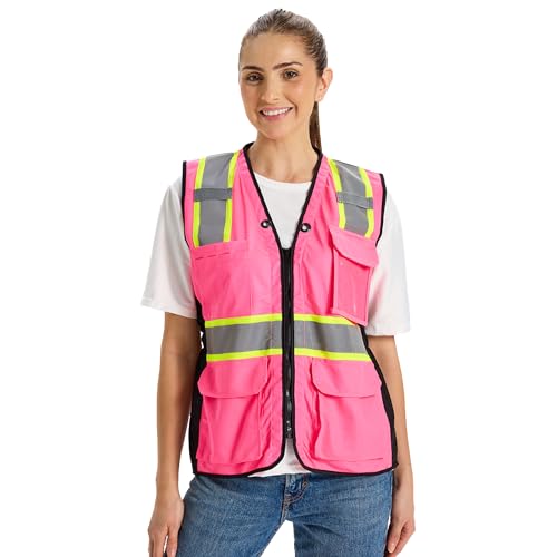 sesafety High Visibility Vest for Women, Slim Fit Drawstring Safety Vests - color: Pink1109, size: Medium