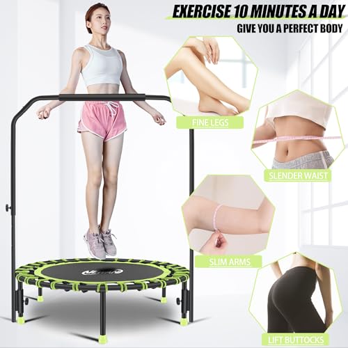 Newan 40" Silent Mini Trampoline with Adjustable Handle Bar Fitness Trampoline Bungee Rebounder Jumping Cardio Trainer Workout for Adults - Max Limit 330 lbs - color: Green