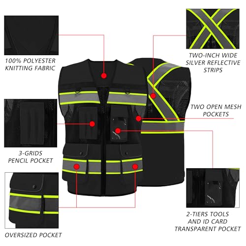 Safety Vest High Visibility Reflective Construction Vest for Men - color: Black, size: 4X-Large