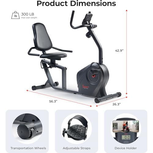 Sunny Health & Fitness Smart Recumbent Bike, Wide Cushioned Seat & Back, Indoor Cycling Machine for Adult/Seniors Home Exercise, Free SunnyFit App Connection - color: Black