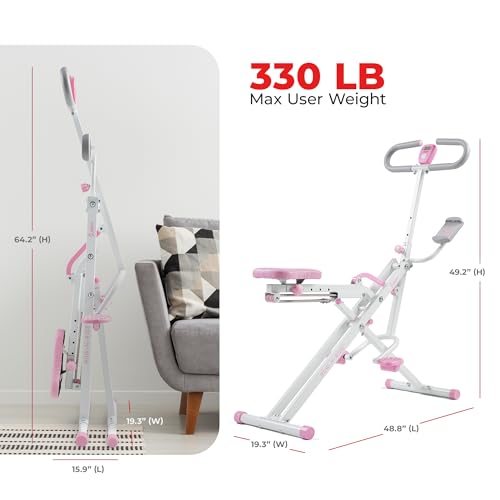 Sunny Health & Fitness Smart Upright Row-N-Ride Trainer w/Adjustable Resistance & 330LB Weight Capacity, Foldable Home Exercise Equipment for Arm, Glute & Leg Training, Free SunnyFit App Connection - color: Pink