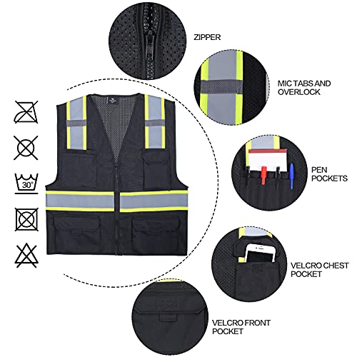 VENDACE Hi Vis Safety Reflective Mesh Vest for Men ANSI Class 2 High Visibility Vest with 8 Pockets and Zipper - color: Black, size: Small